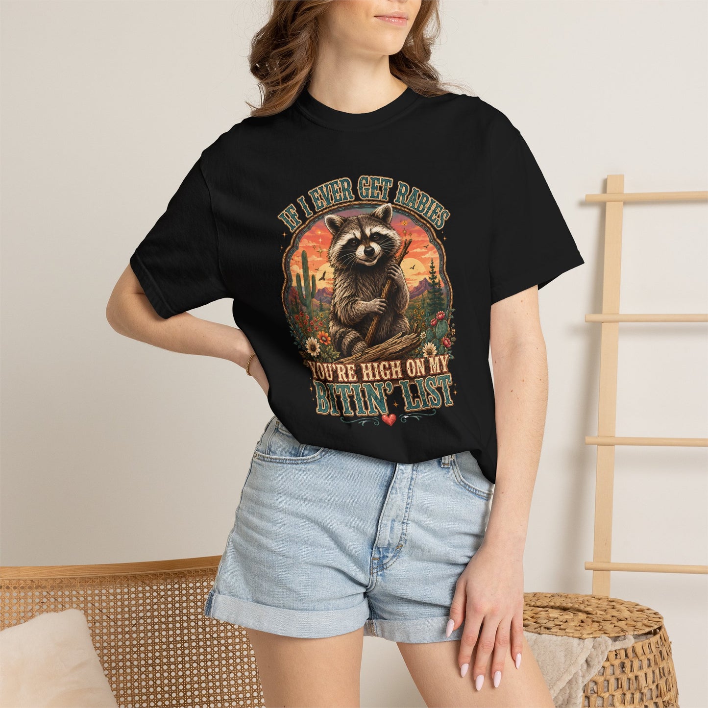 Raccoon Sunset T‑Shirt — “If I Ever Get Riches You’re High On My Bitin’ List” Funny Retro Graphic Tee
