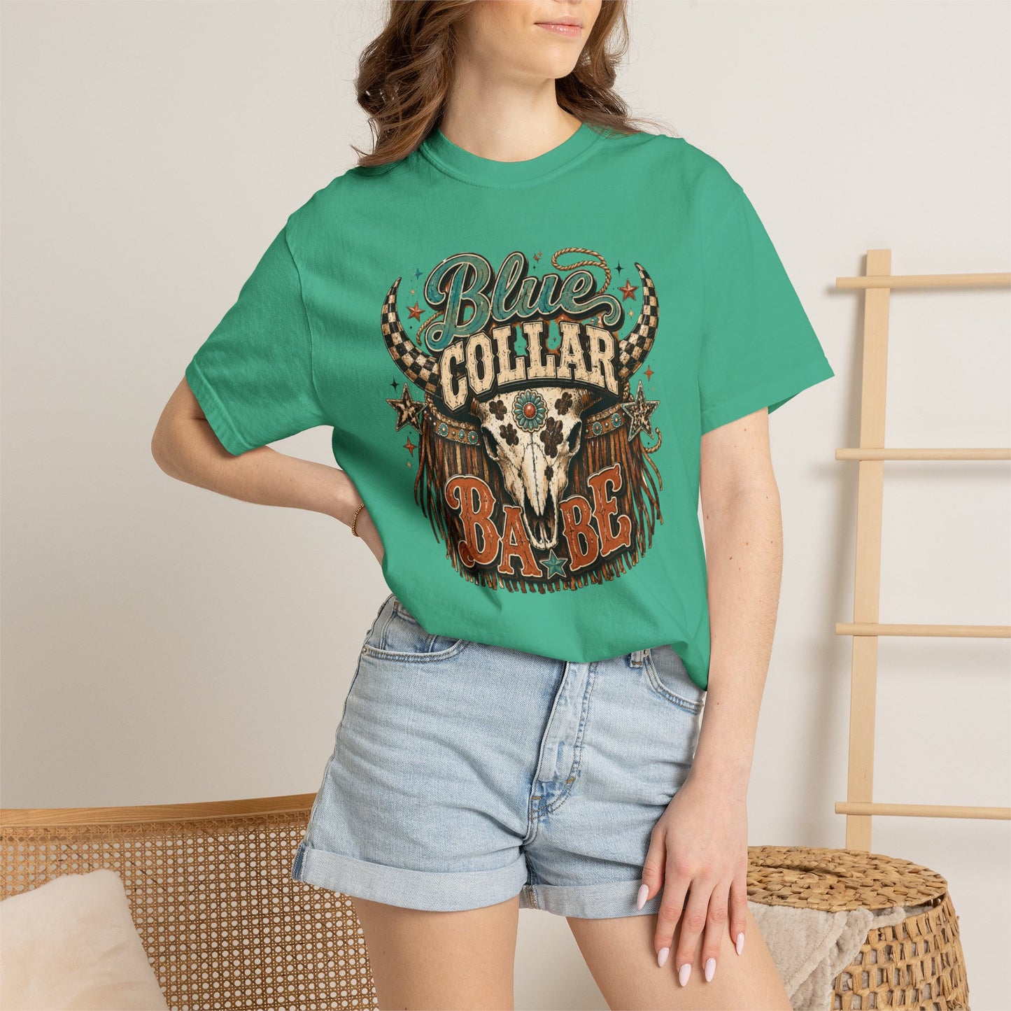 Blue Collar Babe Graphic T-Shirt — Western Skull Cowgirl Tee