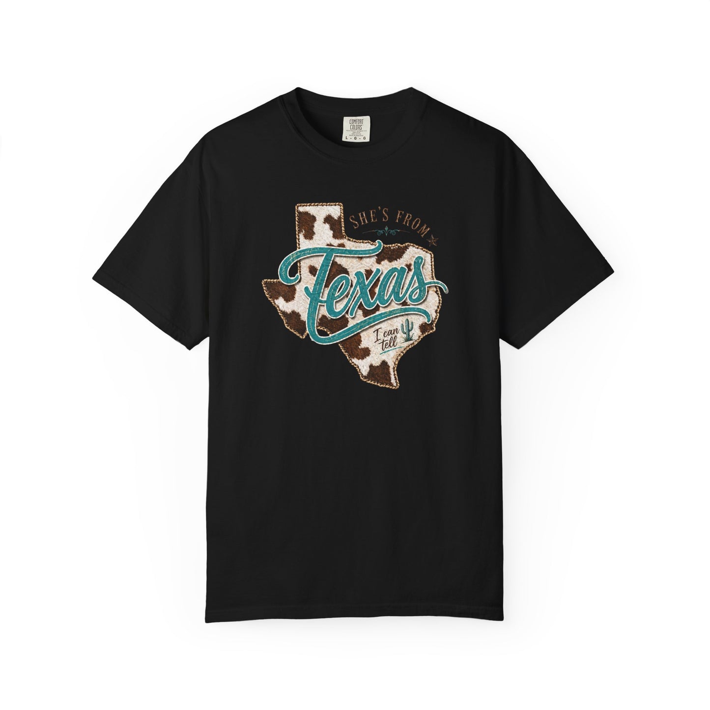 Texas Cowhide Graphic T-Shirt — "She's From Texas" Retro Western Tee