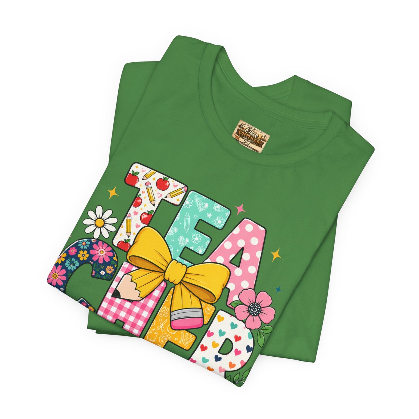 Teacher Floral Bow T-Shirt — Cute 'Teach er' Colorful School Shirt for Teachers