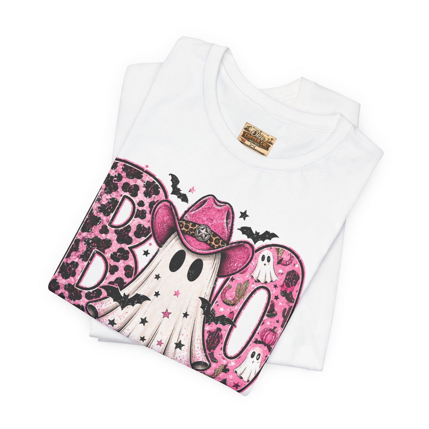 Boo Pink Leopard Ghost Tee — Cute Cowgirl Halloween T-Shirt