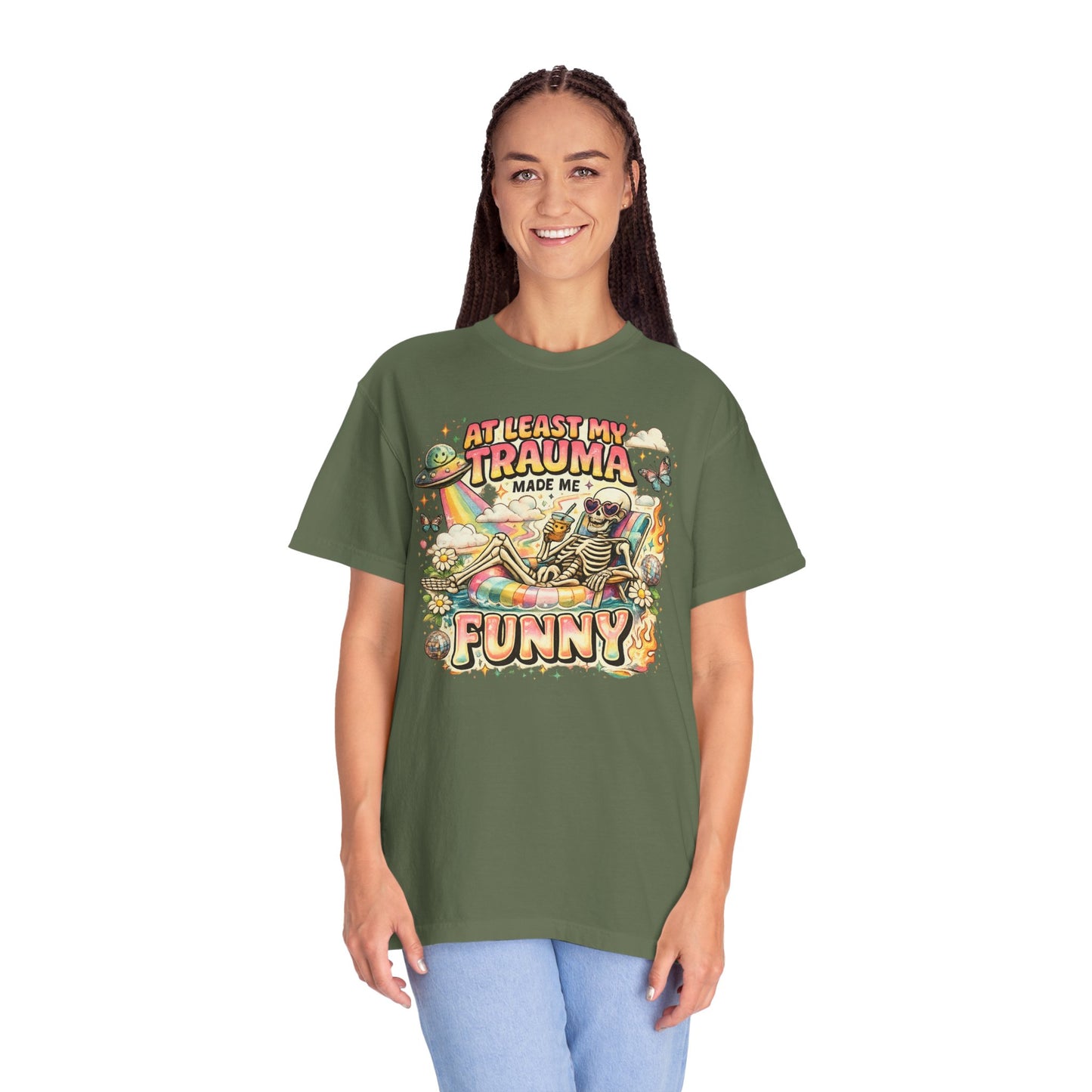 Funny Skeleton Graphic T-Shirt — "At Least My Trauma Made Me Funny"