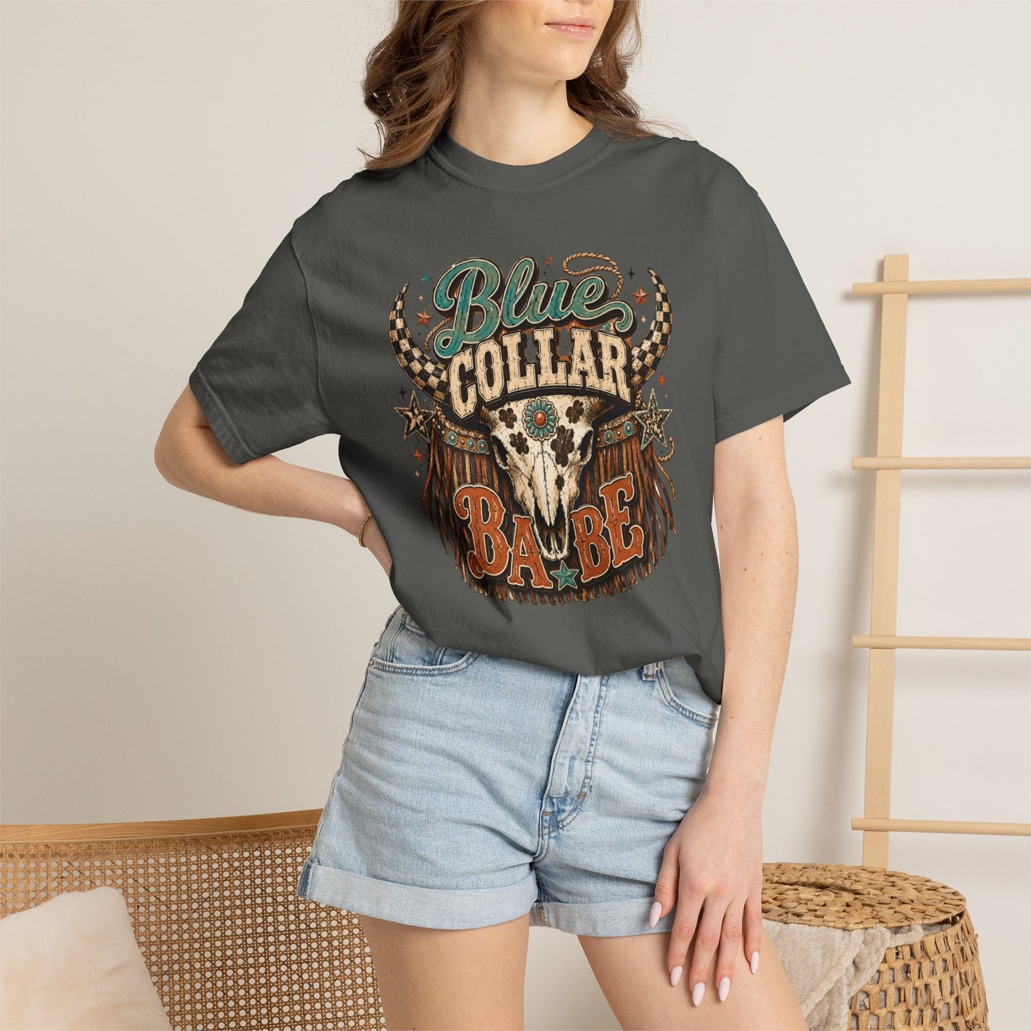 Blue Collar Babe Graphic T-Shirt — Western Skull Cowgirl Tee