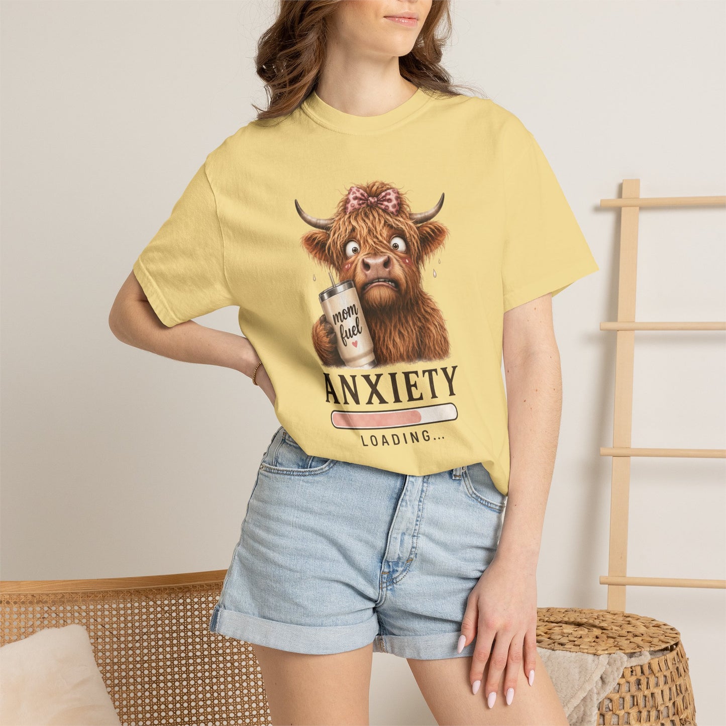 Anxiety Loading T-Shirt — Cute Highland Cow with 'Mom Fuel' Mug