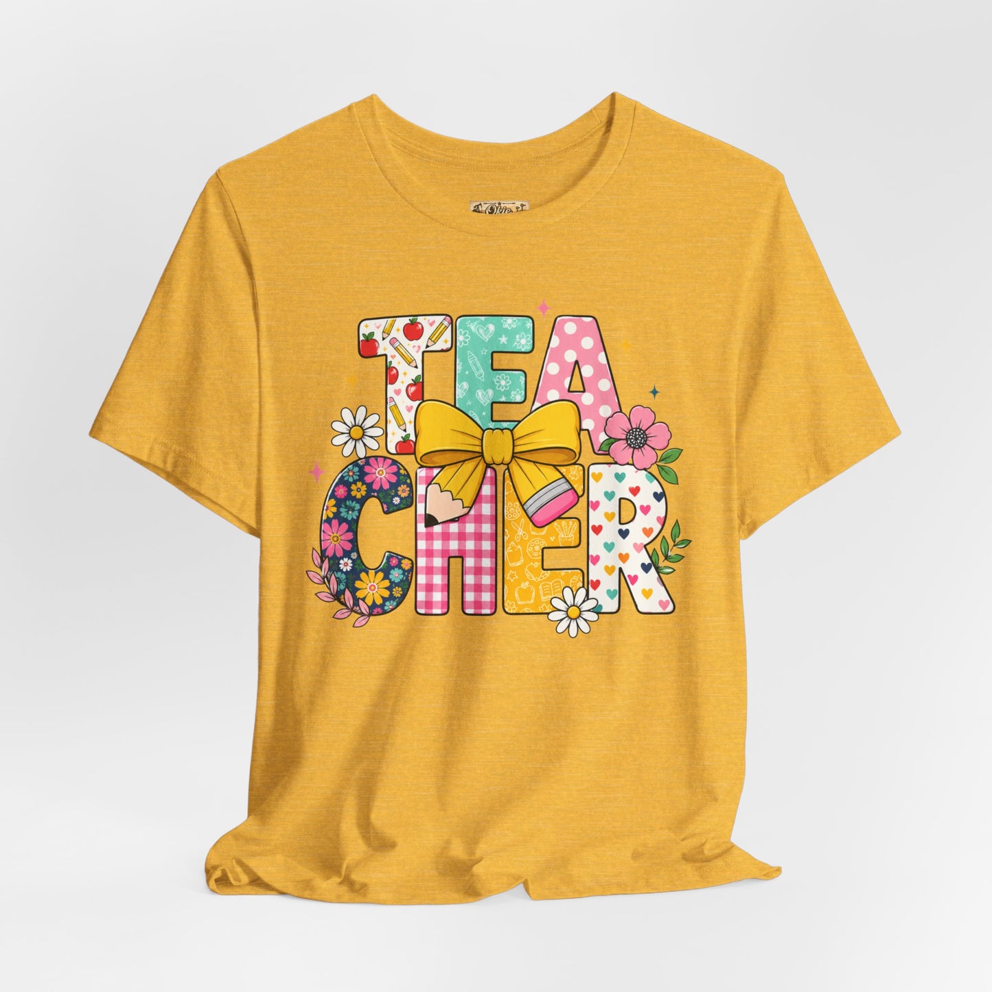 Teacher Floral Bow T-Shirt — Cute 'Teach er' Colorful School Shirt for Teachers