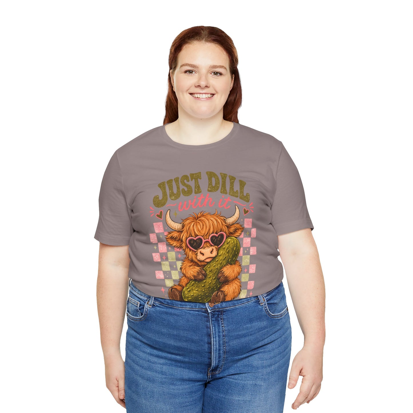Just Dill With It Tee — Cute Highland Cow Hugging Pickle Graphic T‑Shirt