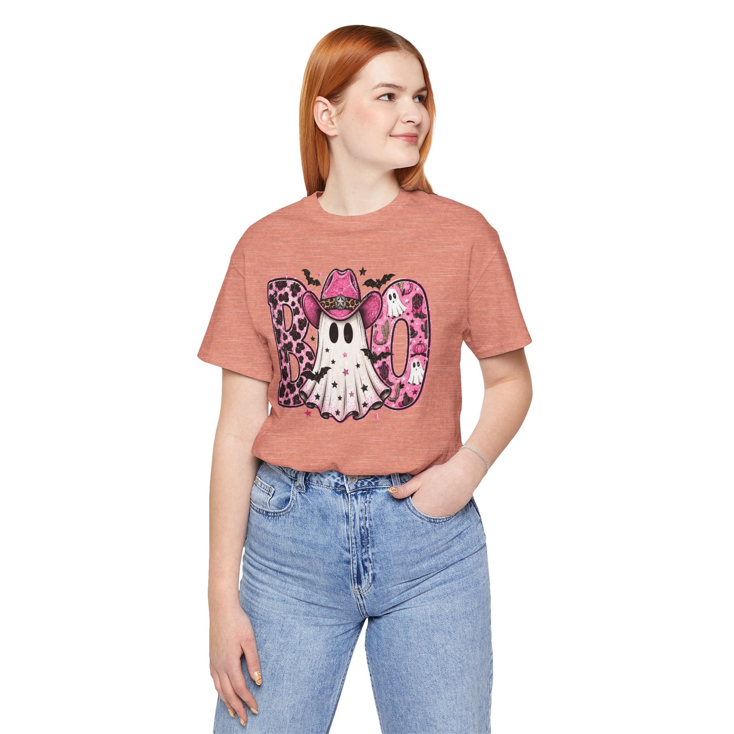 Boo Pink Leopard Ghost Tee — Cute Cowgirl Halloween T-Shirt