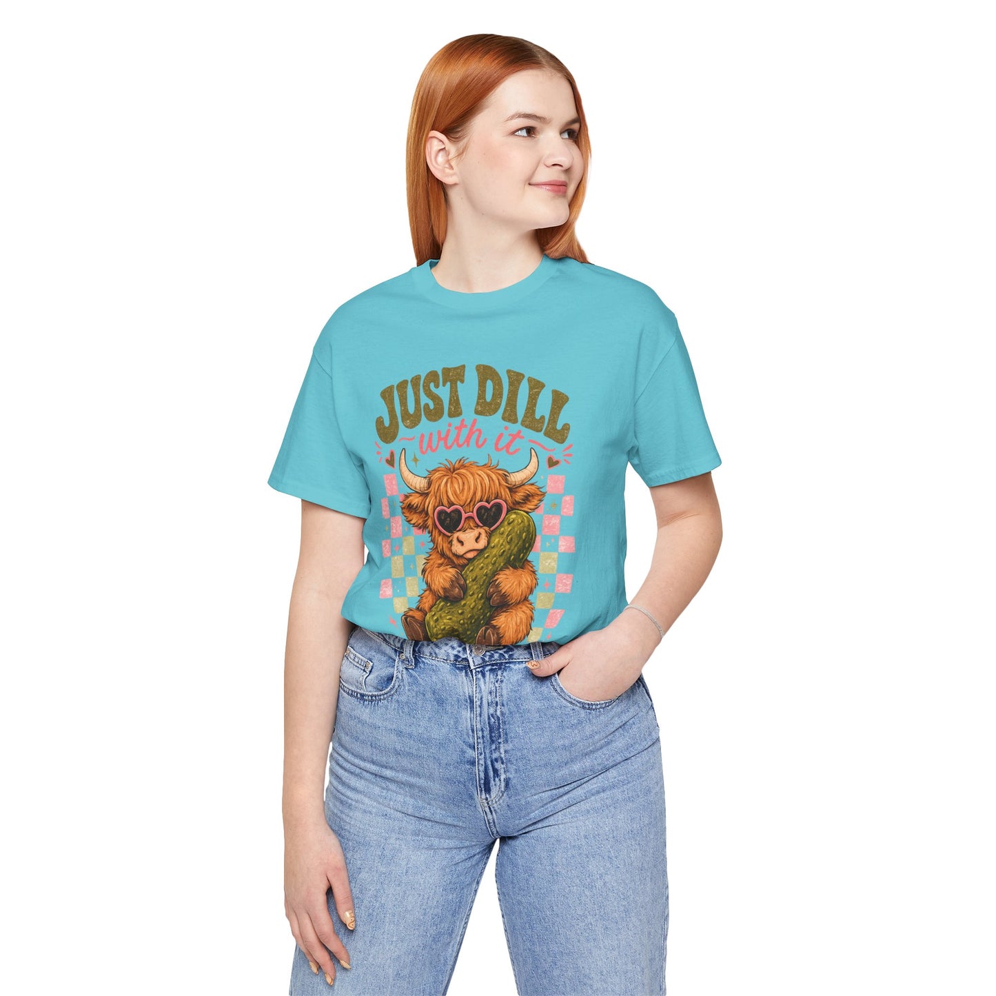 Just Dill With It Tee — Cute Highland Cow Hugging Pickle Graphic T‑Shirt