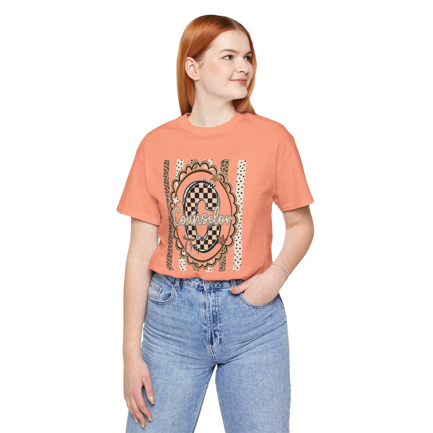 Counselor Tee — Retro Checkerboard & Leopard Print Graphic T-Shirt