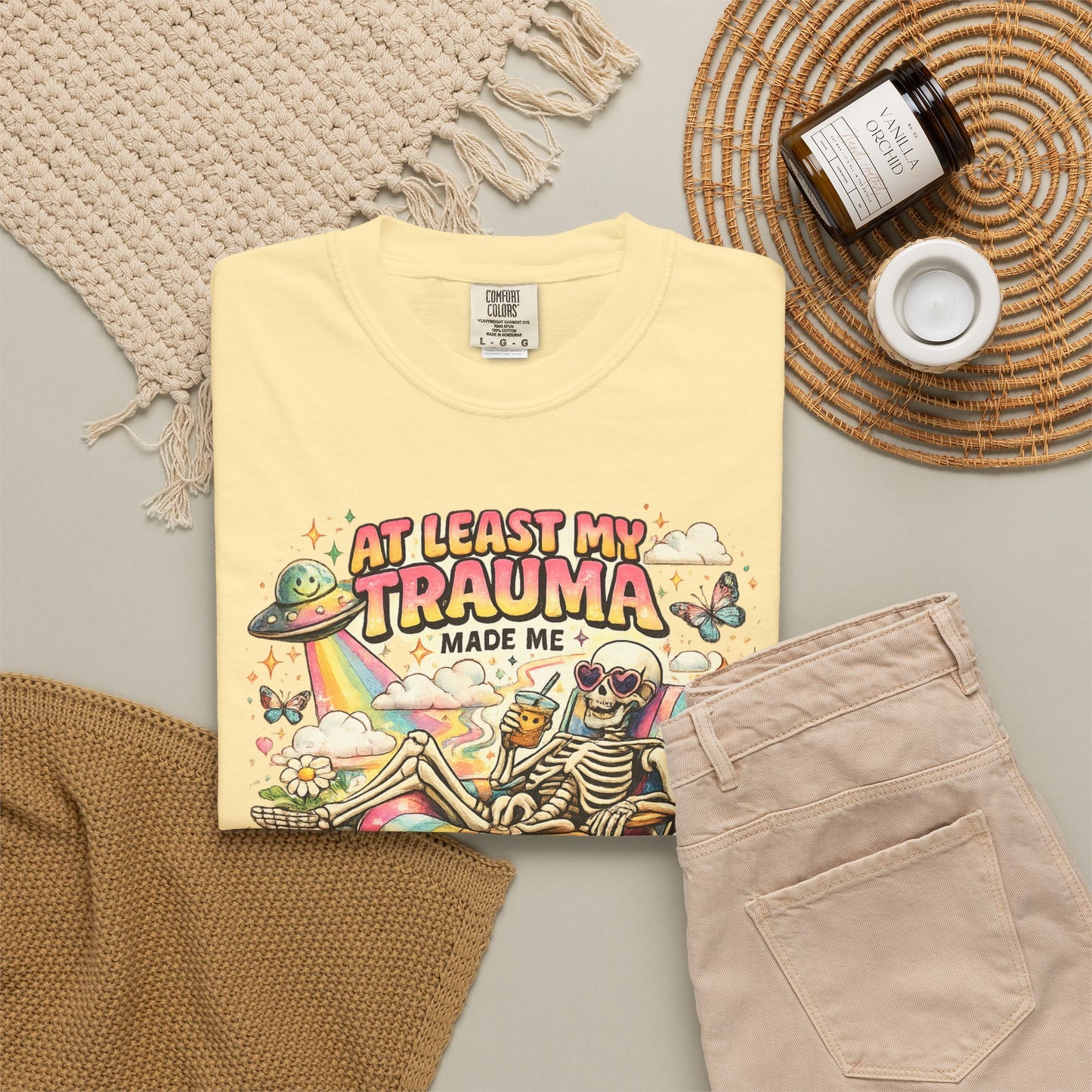 Funny Skeleton Graphic T-Shirt — "At Least My Trauma Made Me Funny"
