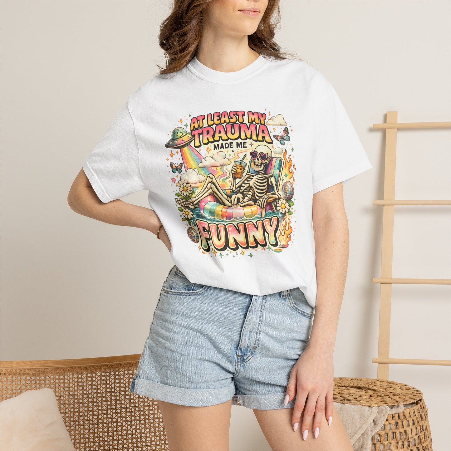 Funny Skeleton Graphic T-Shirt — "At Least My Trauma Made Me Funny"