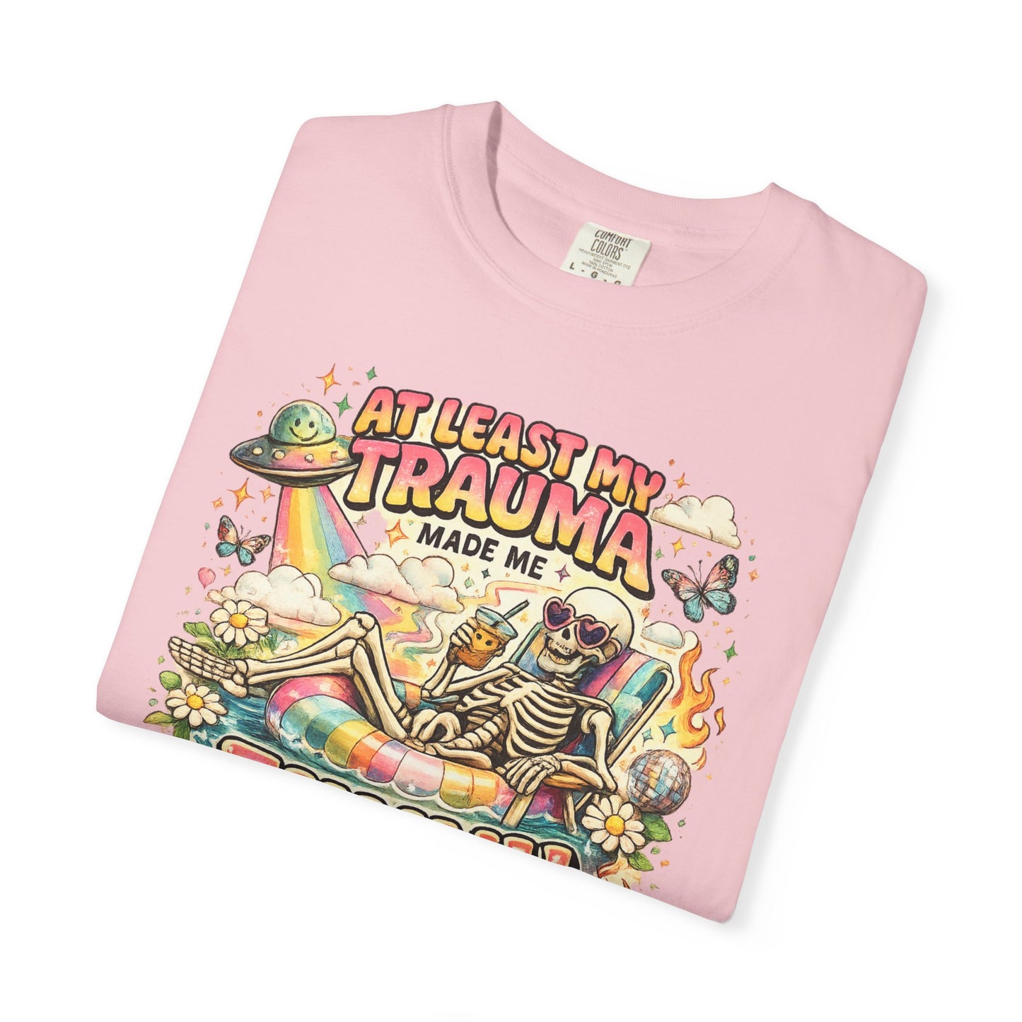 Funny Skeleton Graphic T-Shirt — "At Least My Trauma Made Me Funny"