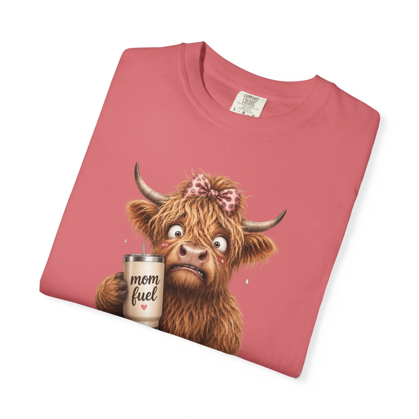 Anxiety Loading T-Shirt — Cute Highland Cow with 'Mom Fuel' Mug