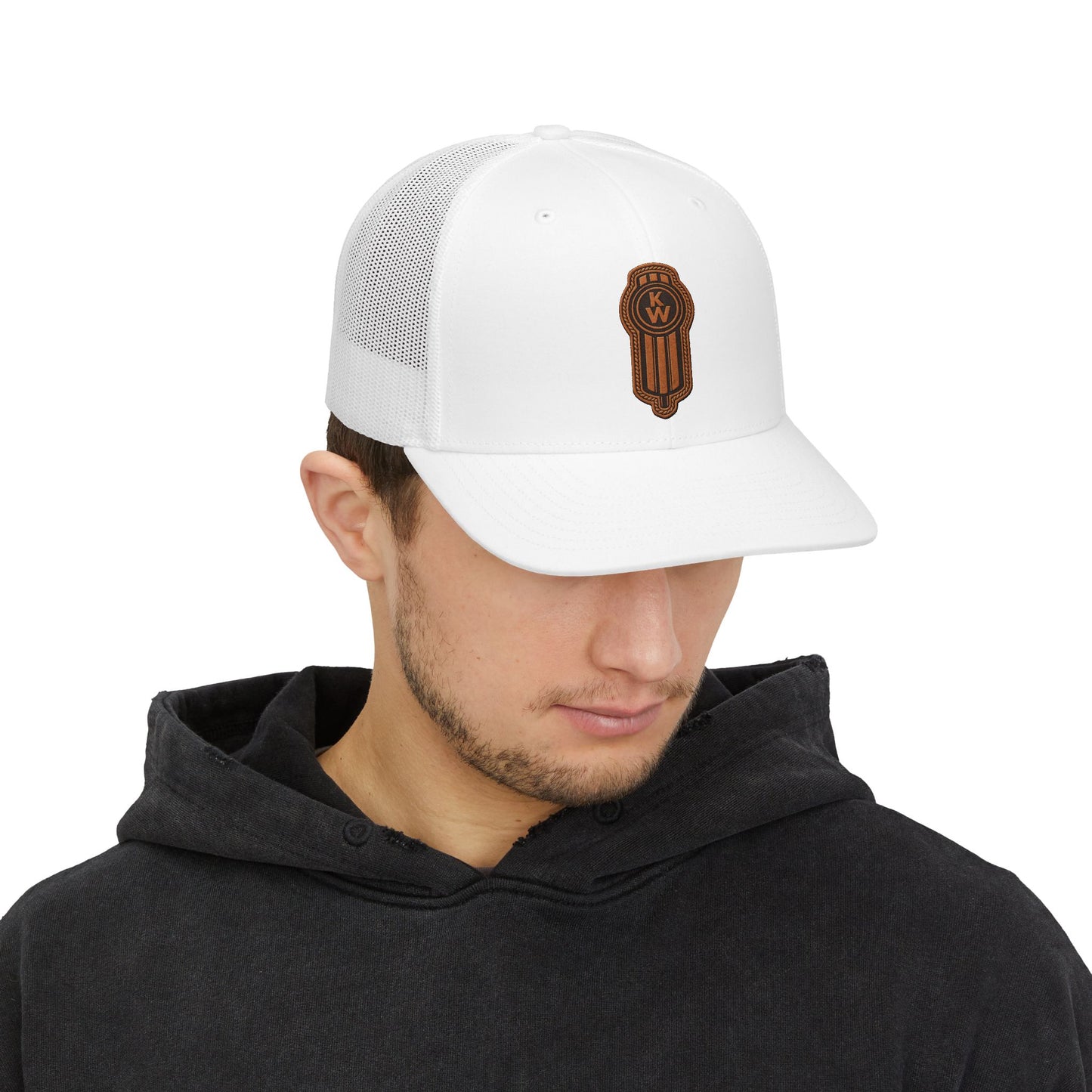 Trucker Cap with Brown Leather Patch Logo – Retro Embroidered Snapback