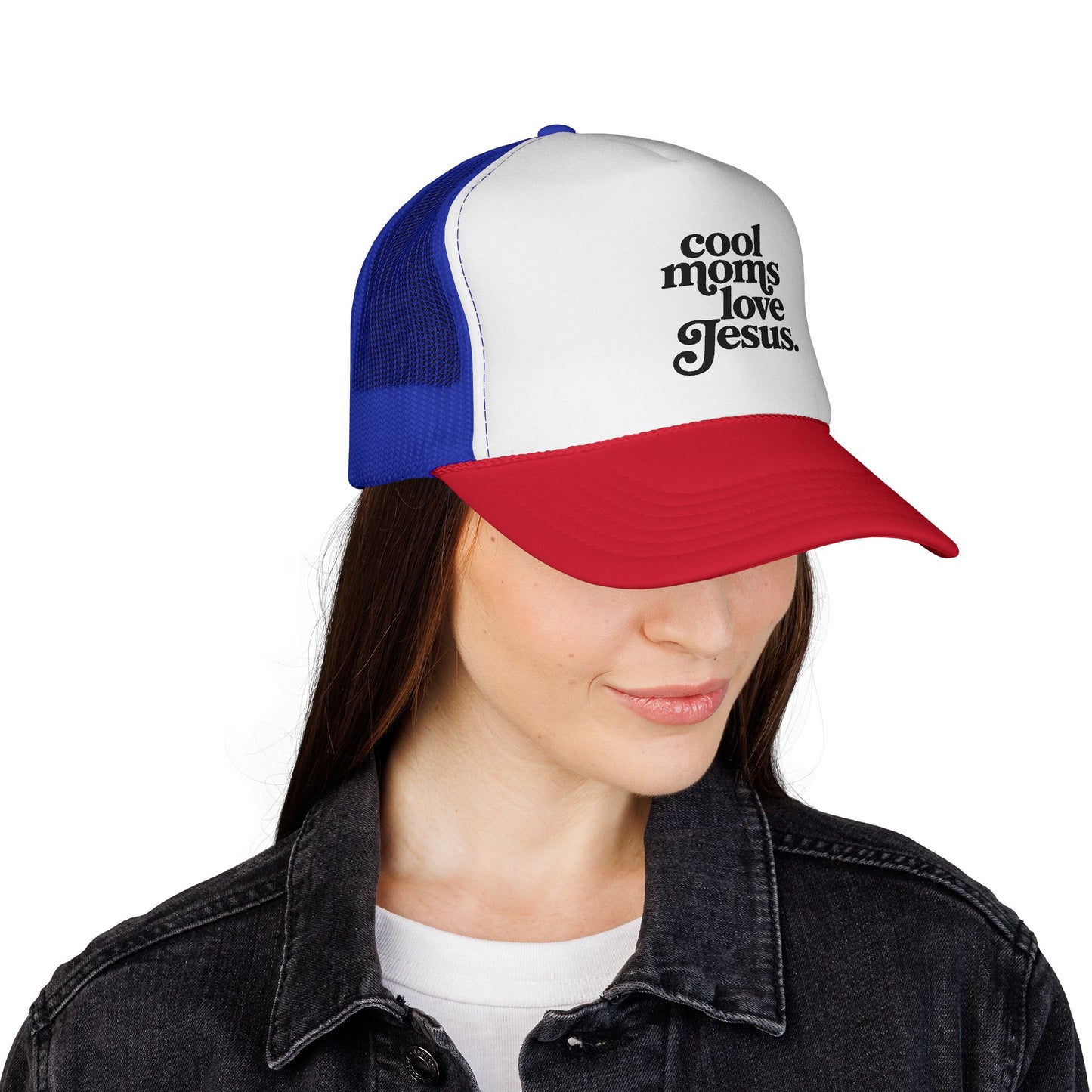 Trucker Cap — "Cool Moms Love Jesus" Retro Script Faith Hat