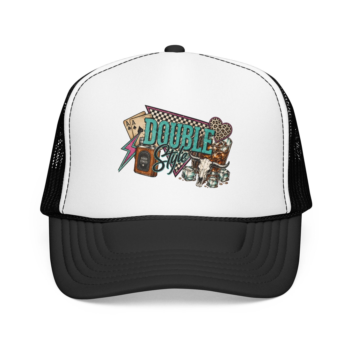 Double Shot Retro Foam Trucker Hat — Vintage Neon Coffee & Camera Patch
