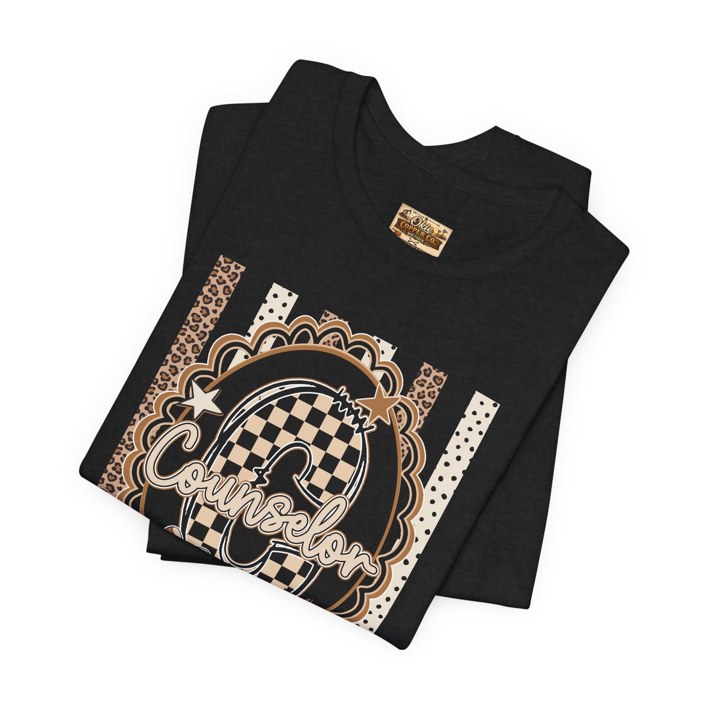 Counselor Tee — Retro Checkerboard & Leopard Print Graphic T-Shirt