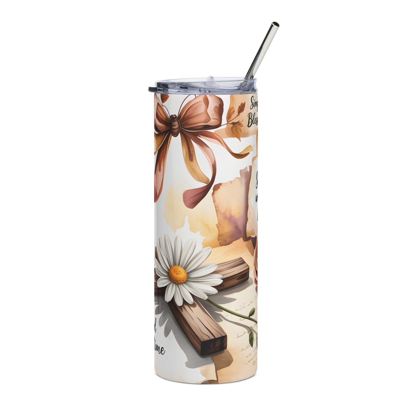 20oz Stainless Steel Tumbler – Floral Cross Christian Scripture "God is good all the time"