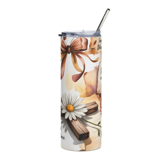 20oz Stainless Steel Tumbler – Floral Cross Christian Scripture "God is good all the time"