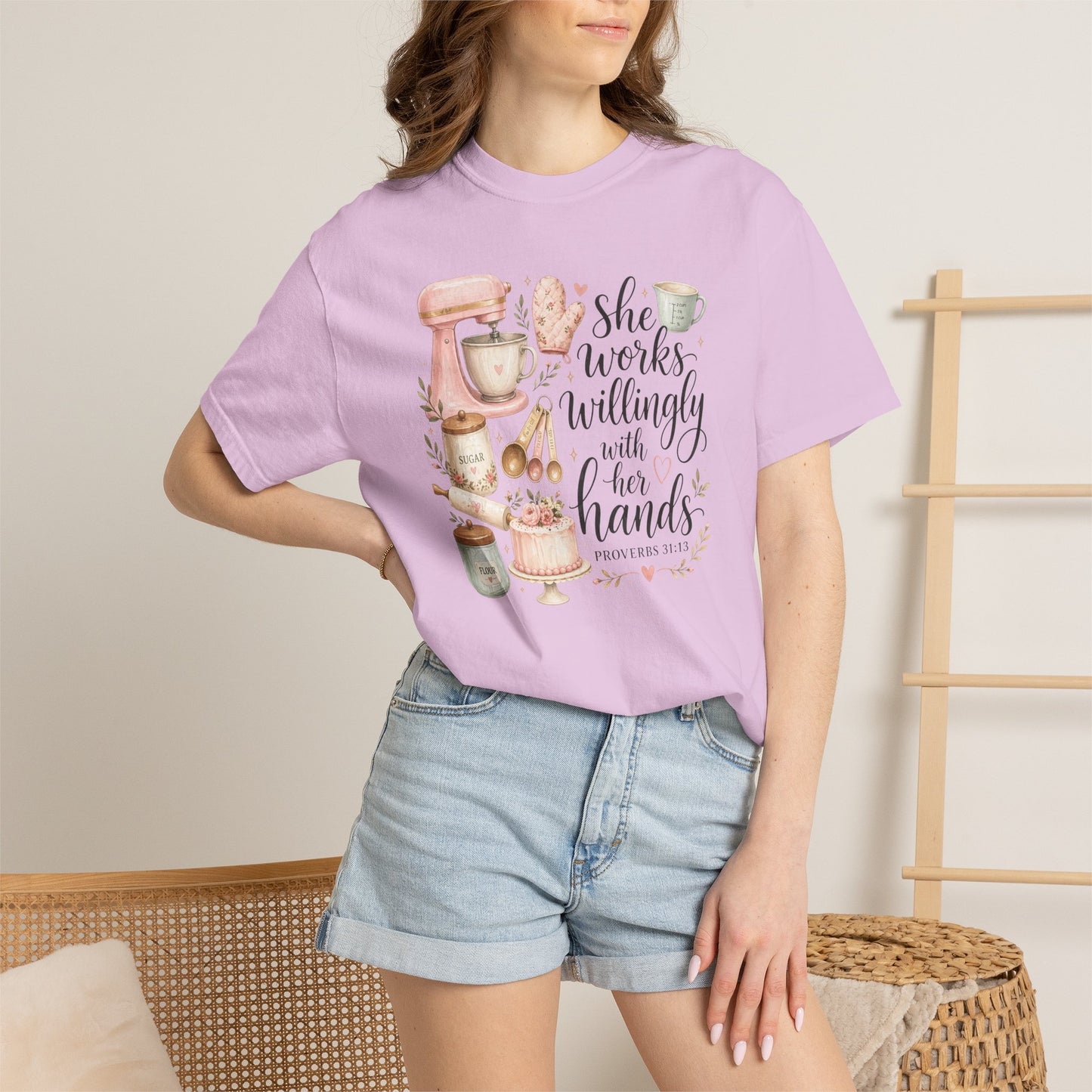 Baker’s Kitchen T-Shirt — “She Works Willingly With Her Hands” Floral Baking Design