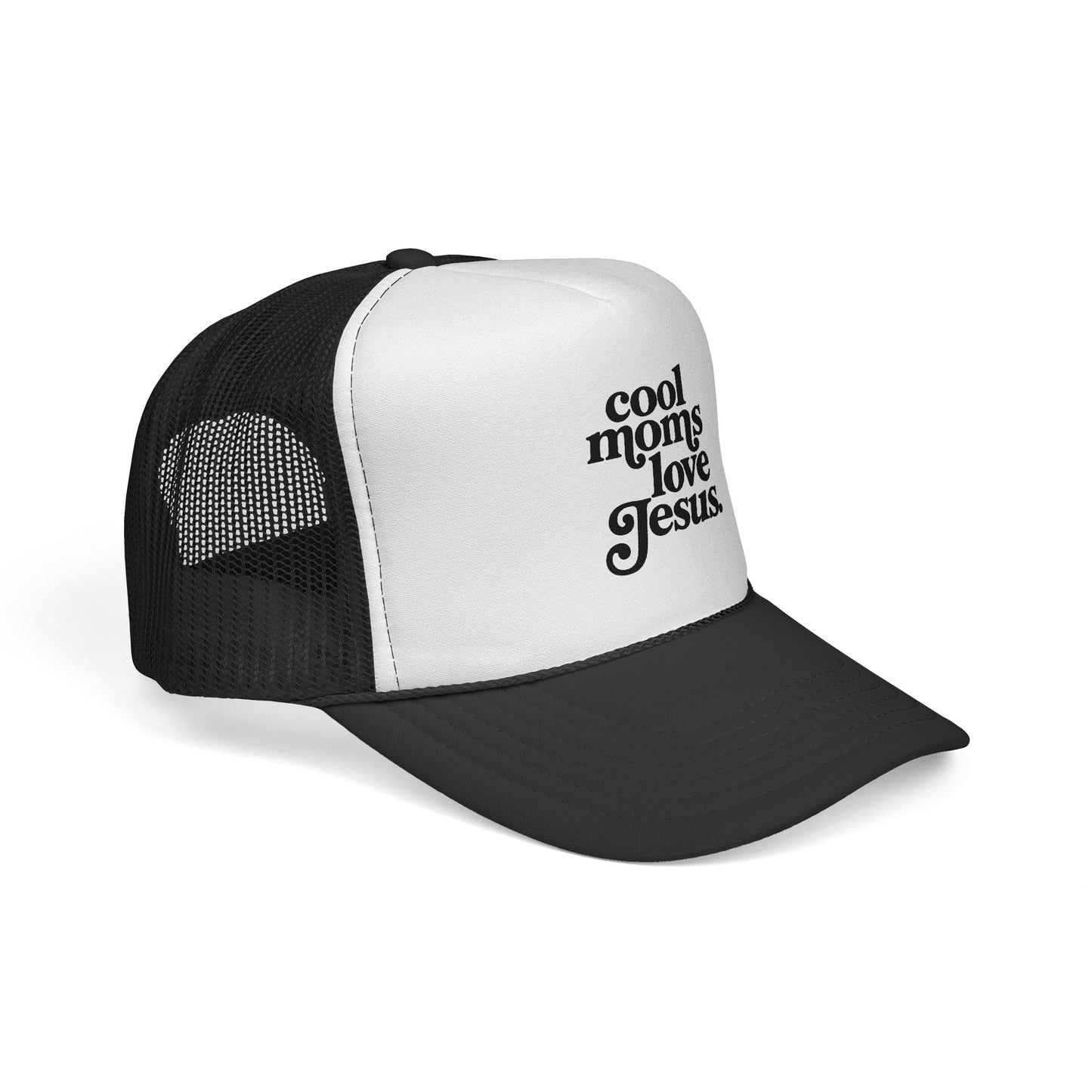 Trucker Cap — "Cool Moms Love Jesus" Retro Script Faith Hat