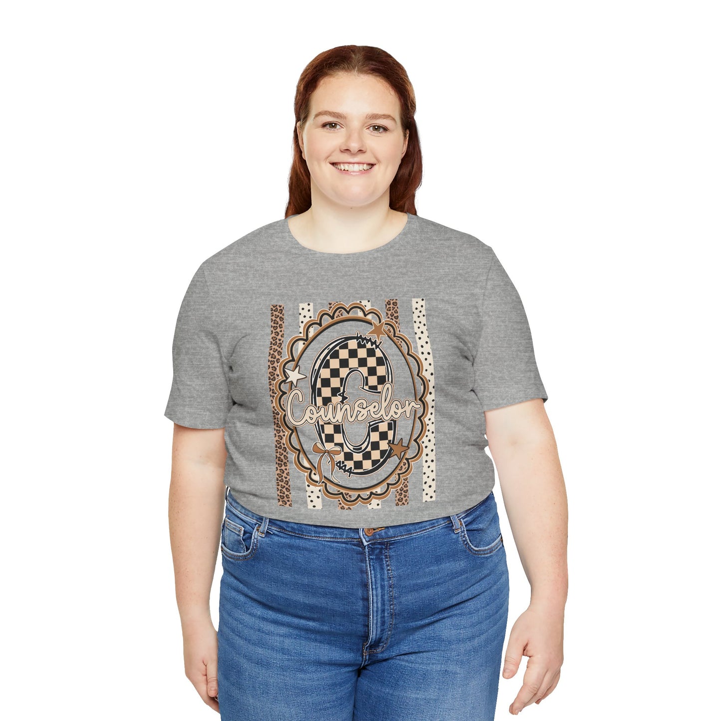 Counselor Tee — Retro Checkerboard & Leopard Print Graphic T-Shirt