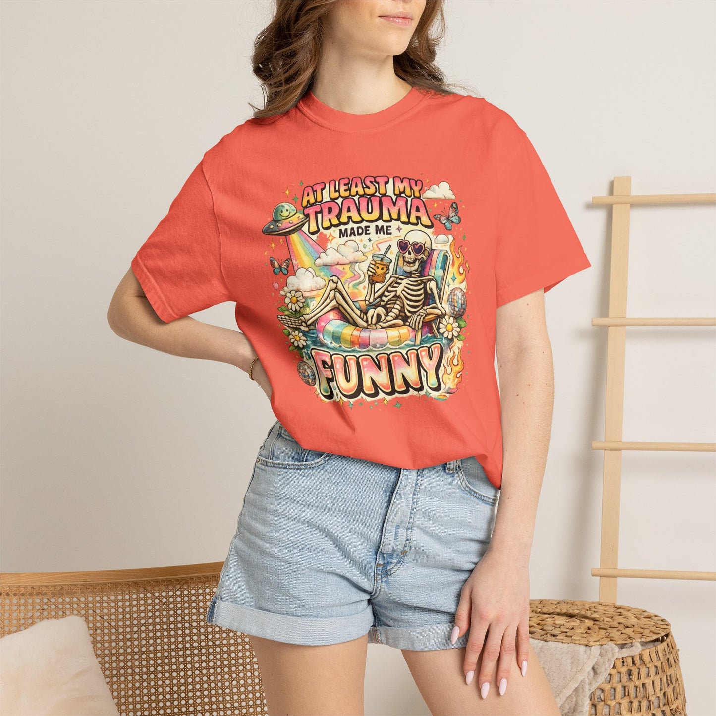 Funny Skeleton Graphic T-Shirt — "At Least My Trauma Made Me Funny"