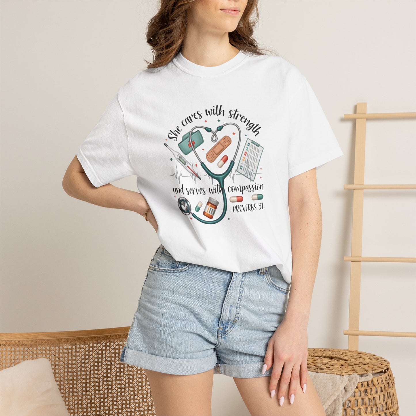 Nurse Heartbeat Graphic T-Shirt — "She Cares with Strength" Psalm 31 Christian Tee