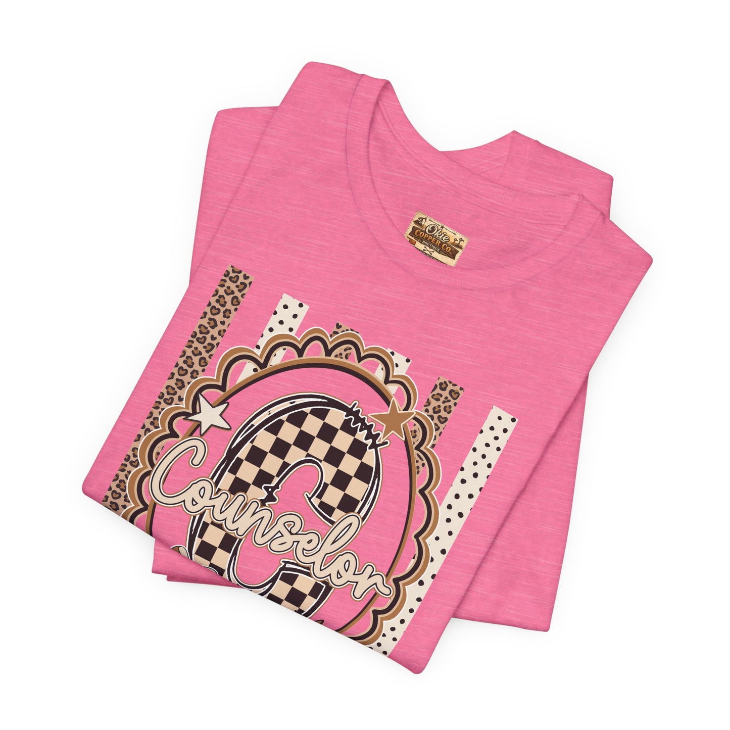 Counselor Tee — Retro Checkerboard & Leopard Print Graphic T-Shirt
