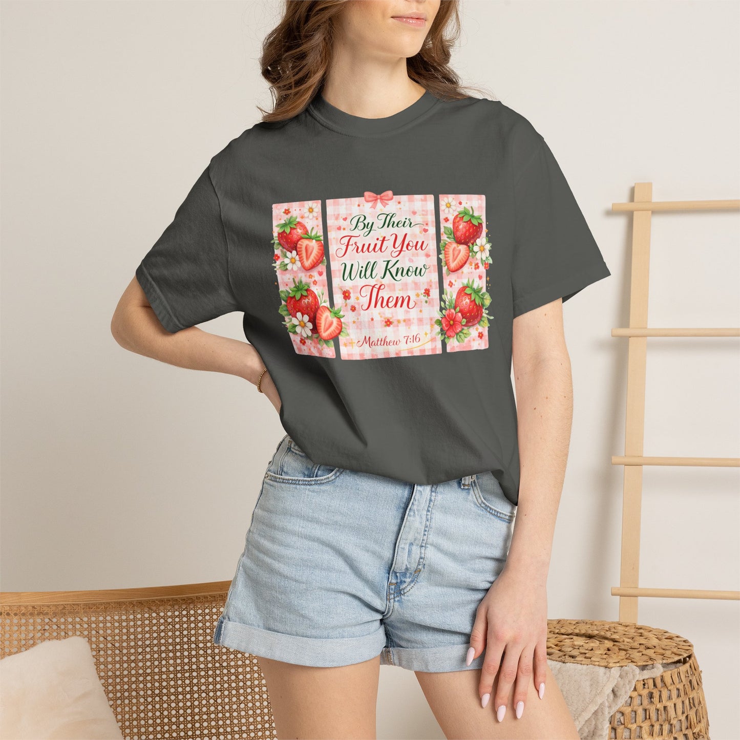 T-Shirt — “By Their Fruit You Will Know Them” Floral Strawberry Graphic Tee