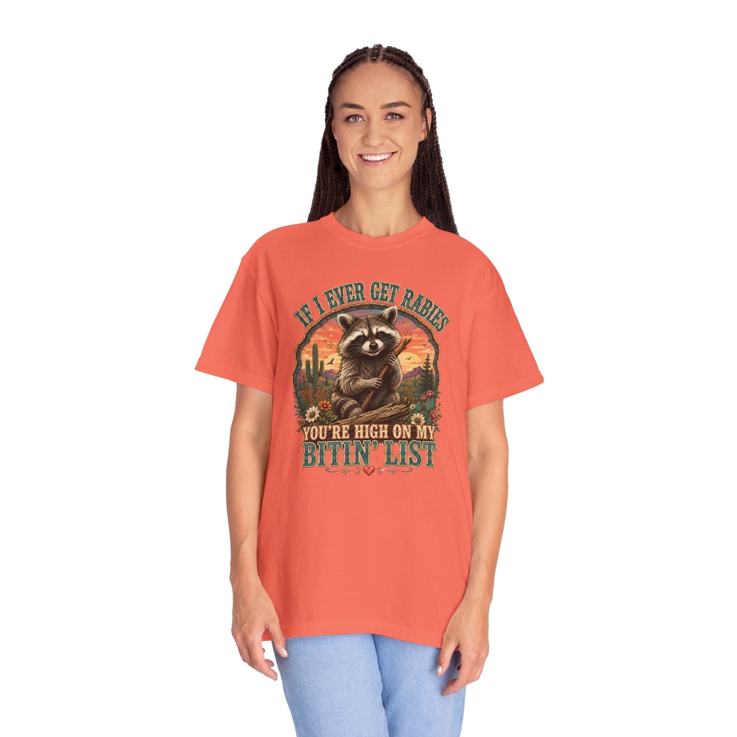 Raccoon Sunset T‑Shirt — “If I Ever Get Riches You’re High On My Bitin’ List” Funny Retro Graphic Tee