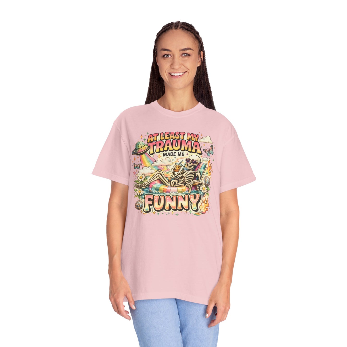 Funny Skeleton Graphic T-Shirt — "At Least My Trauma Made Me Funny"