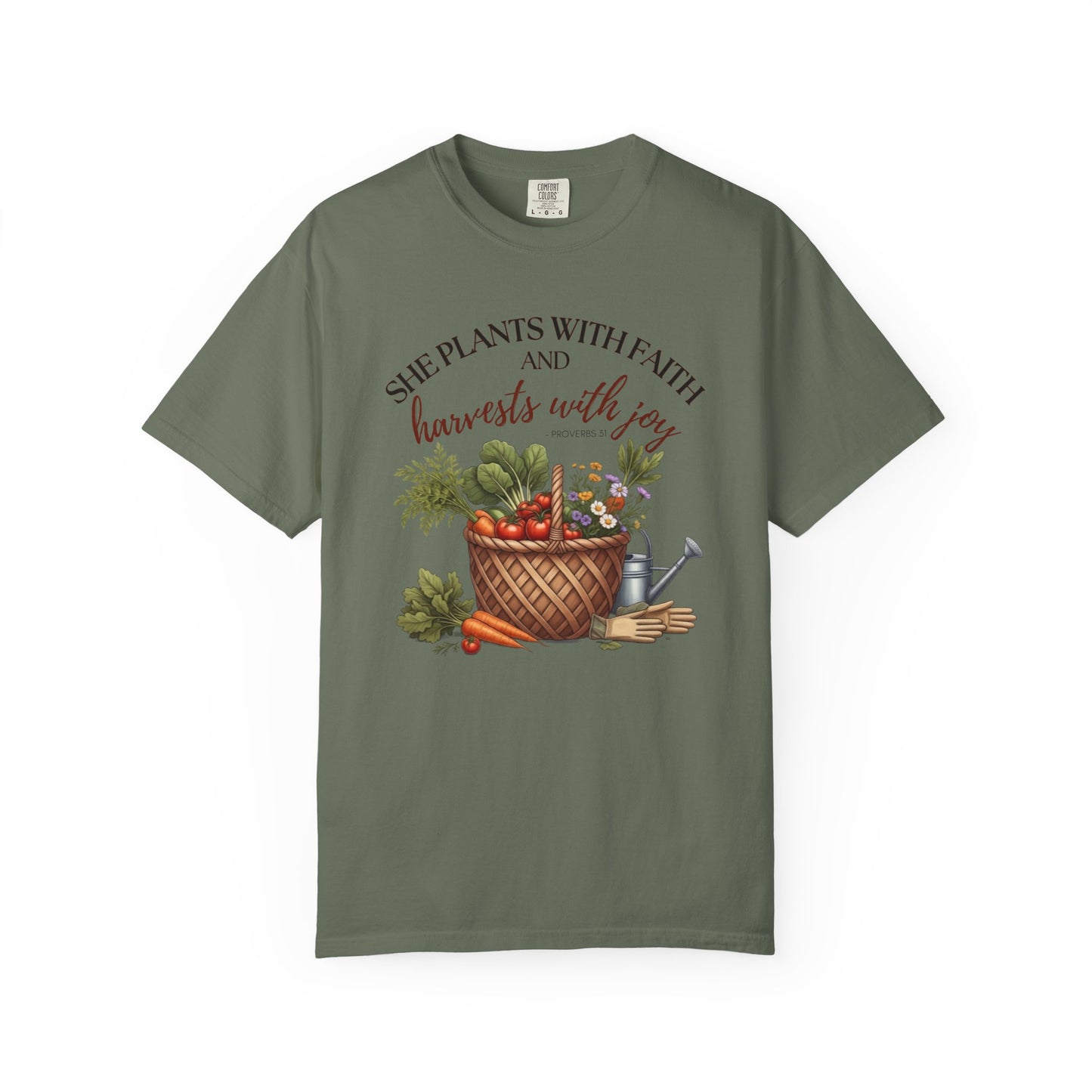 She Plants With Faith Garden T‑Shirt — Harvests With Joy Floral Basket Tee