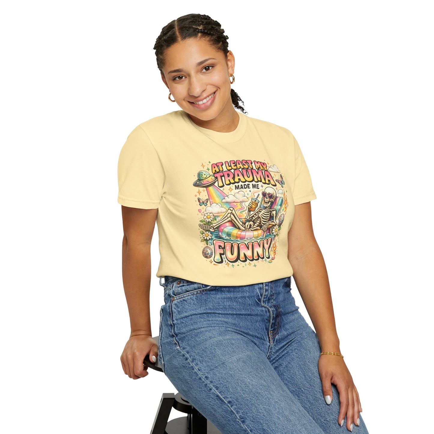 Funny Skeleton Graphic T-Shirt — "At Least My Trauma Made Me Funny"