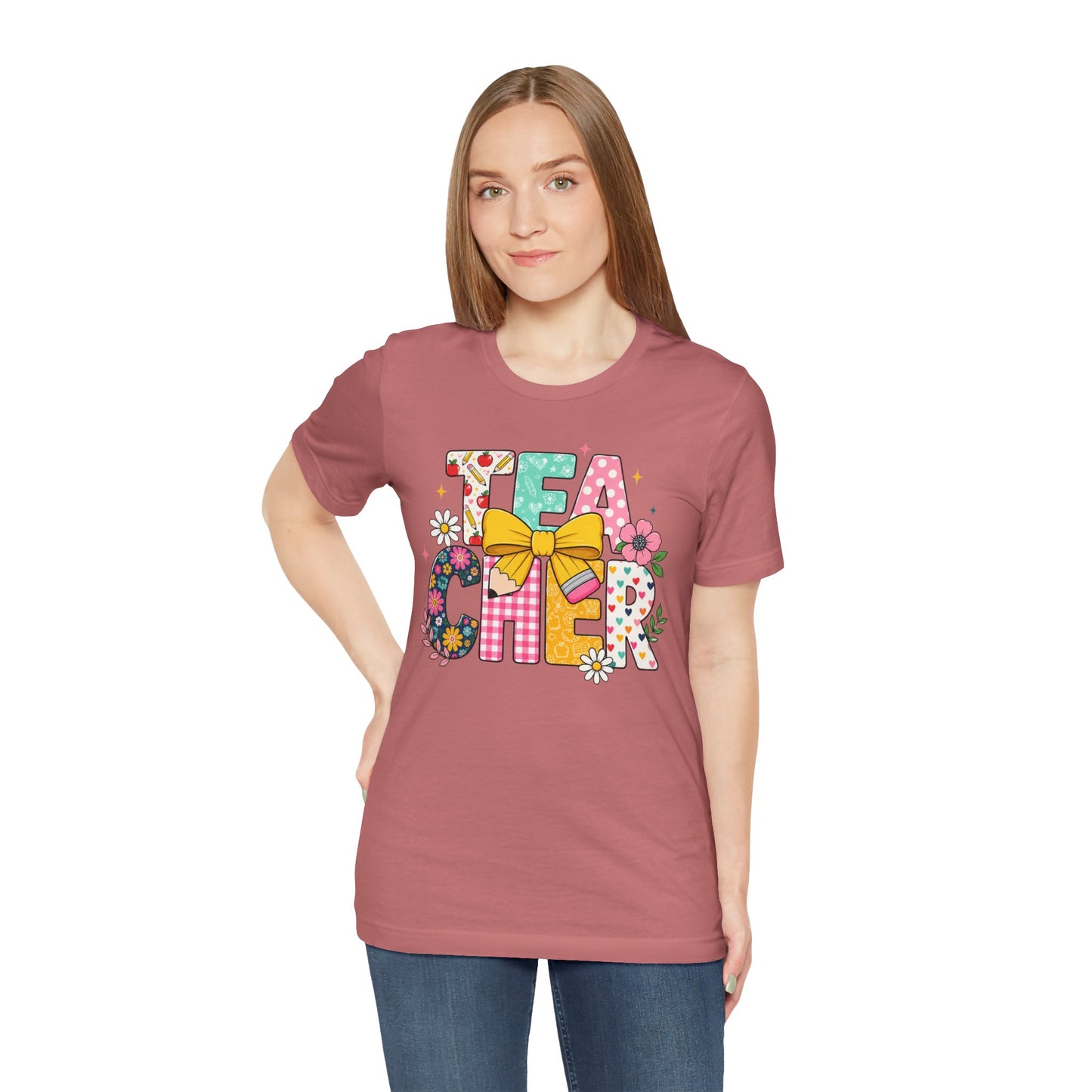 Teacher Floral Bow T-Shirt — Cute 'Teach er' Colorful School Shirt for Teachers