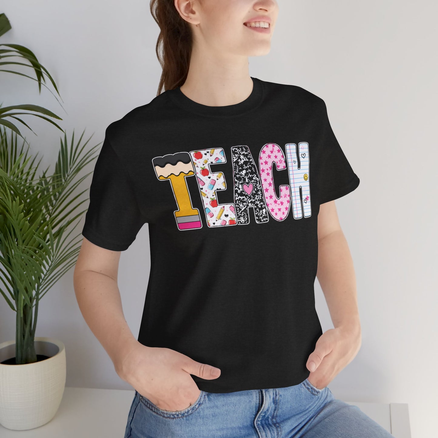 Teach Colorblock Graphic Tee – Cute Patterned Teacher T-Shirt