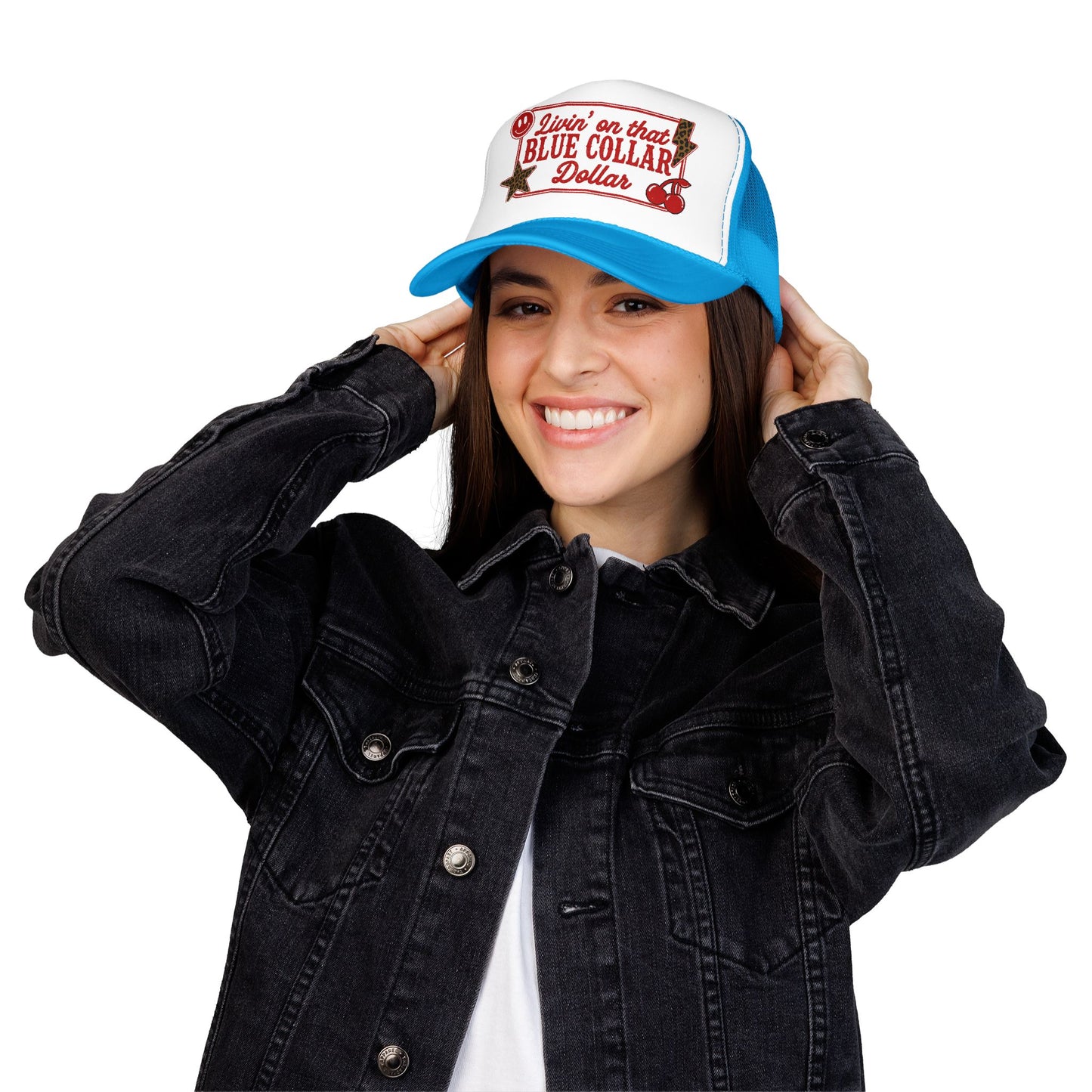 Livin' On That Blue Collar Dollar Foam Trucker Hat — Retro Workwear Cherry Patch