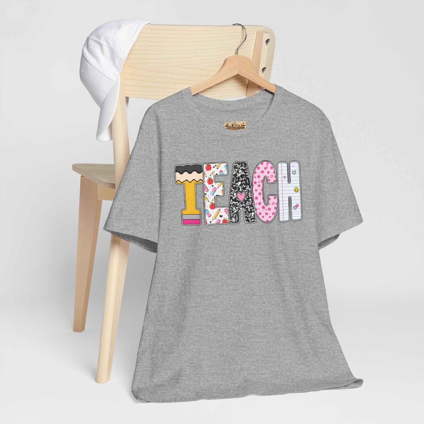 Teach Colorblock Graphic Tee – Cute Patterned Teacher T-Shirt