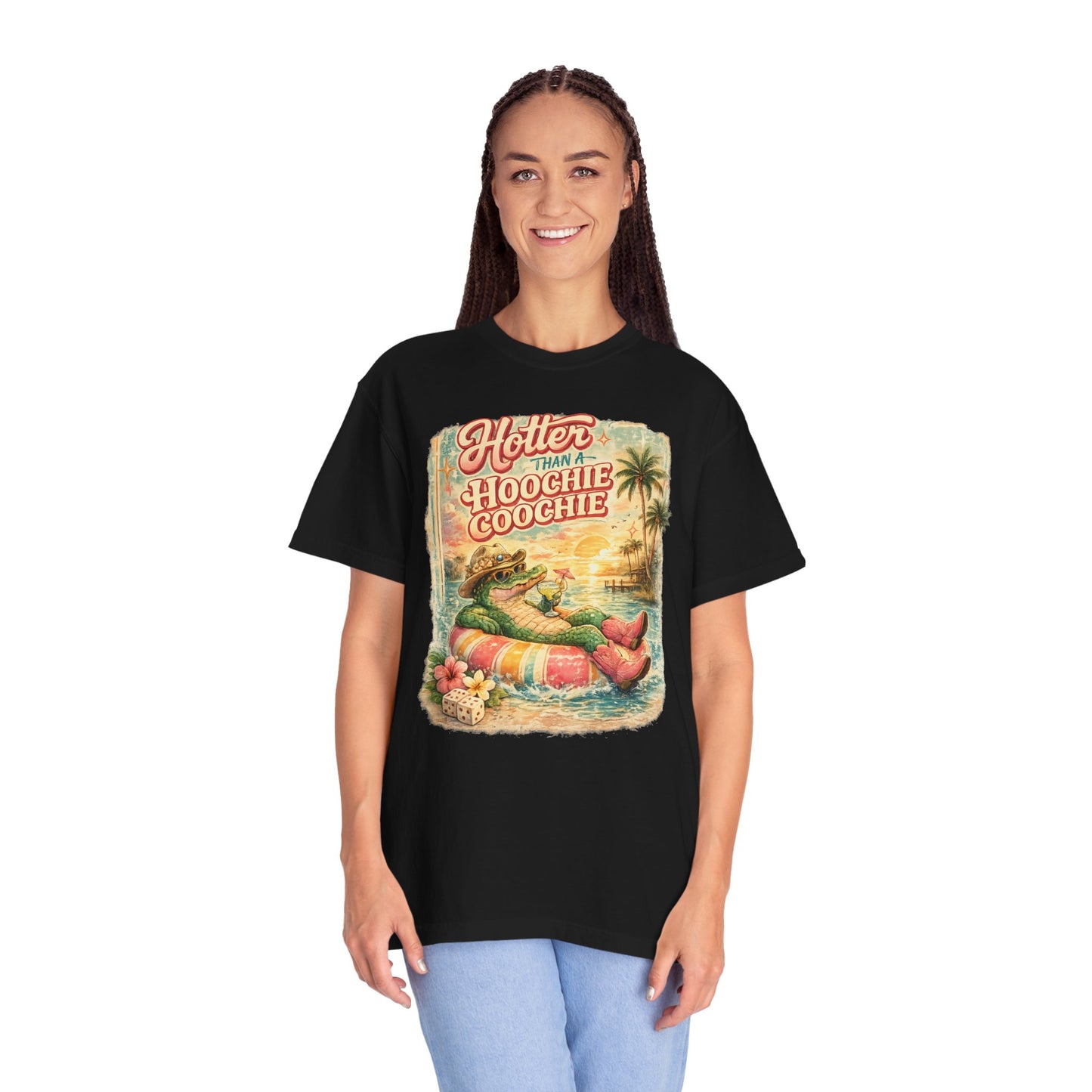 "Hotter Than a Hoochie Coochie" Retro Alligator Beach Graphic