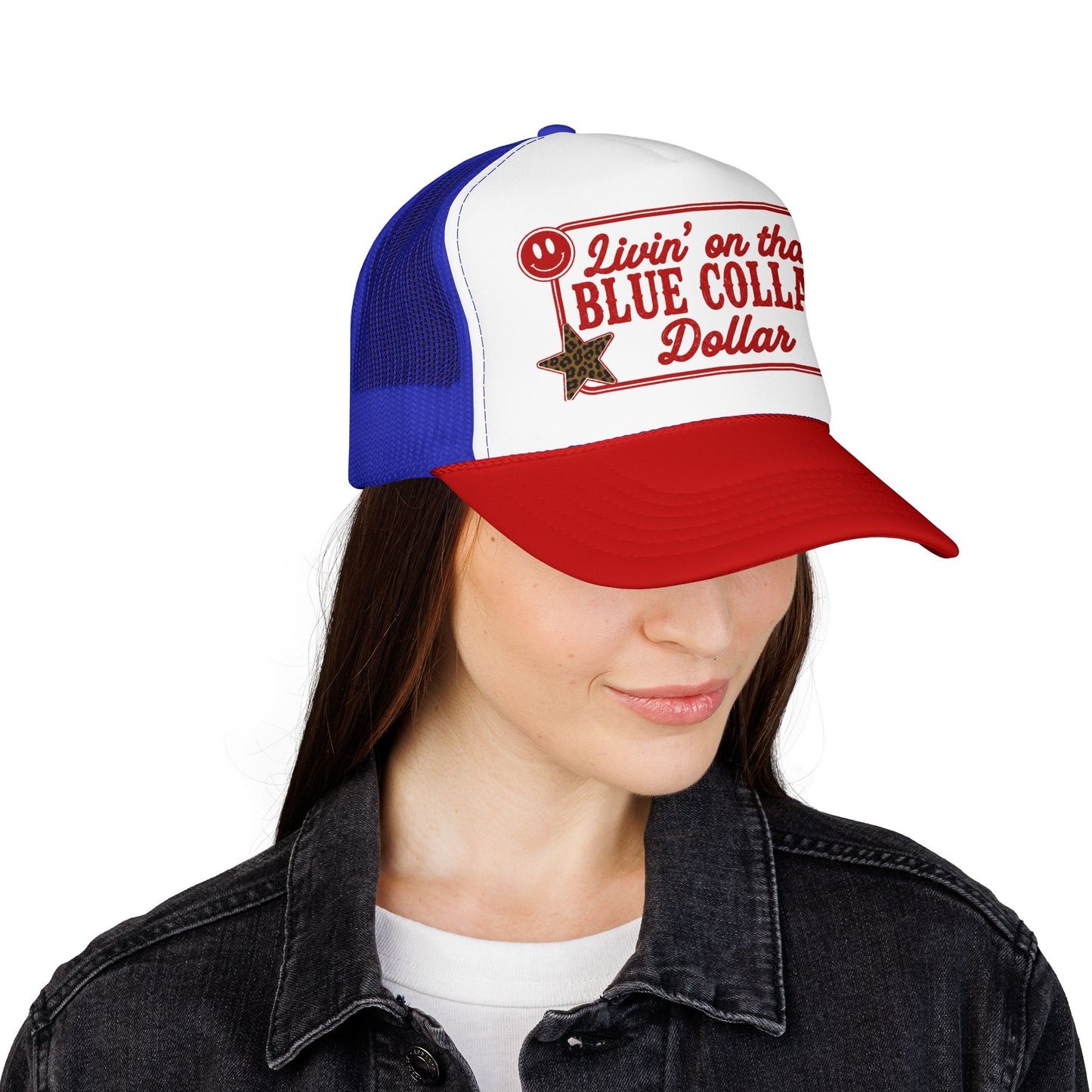 Livin' On That Blue Collar Dollar Foam Trucker Hat — Retro Workwear Cherry Patch