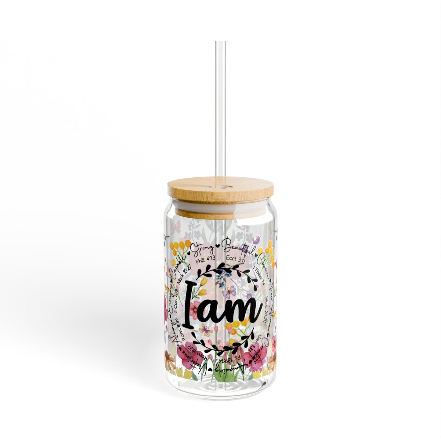 Floral 'I Am' 16oz Sipper Glass – Inspirational Reusable Tumbler with Bamboo Lid & Straw