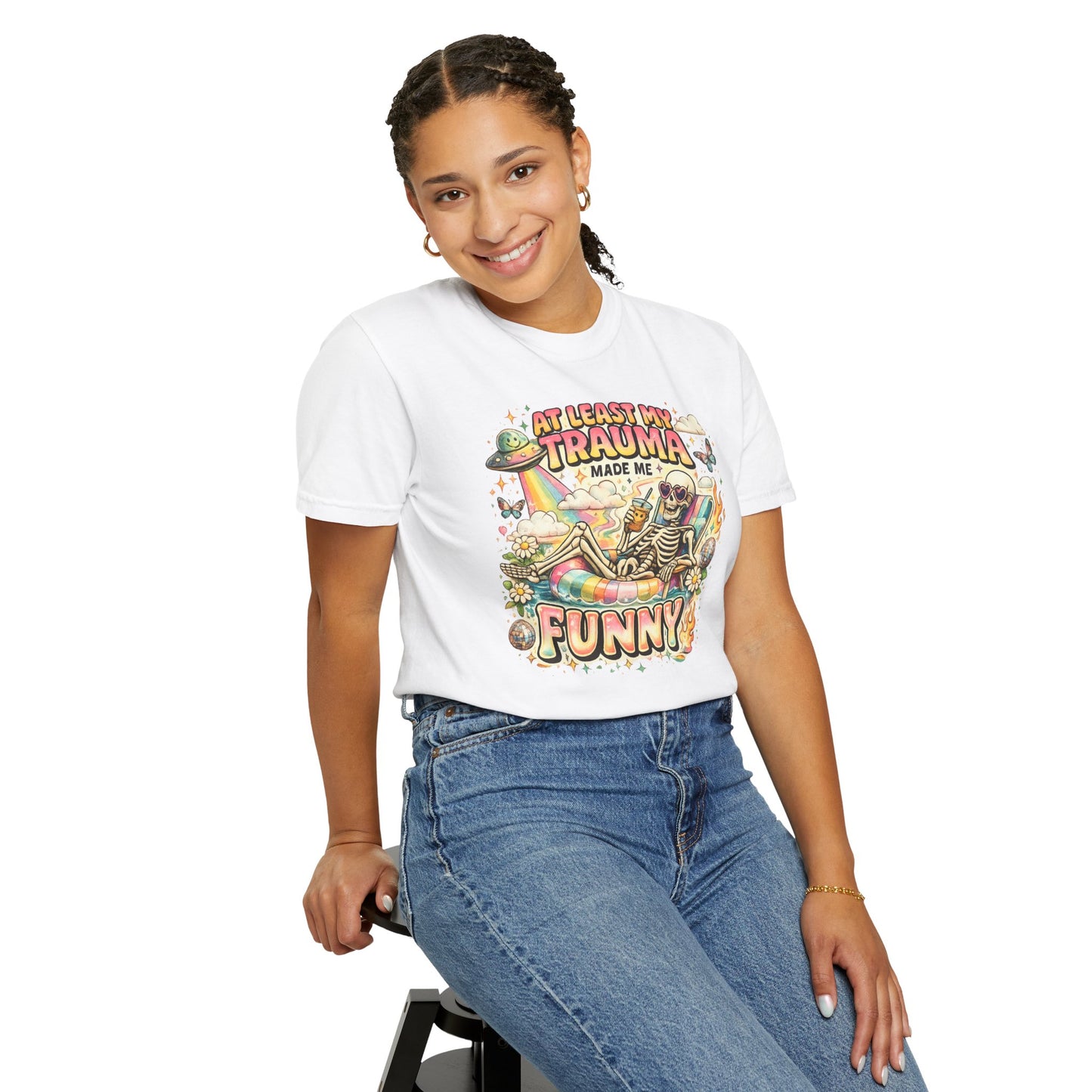 Funny Skeleton Graphic T-Shirt — "At Least My Trauma Made Me Funny"