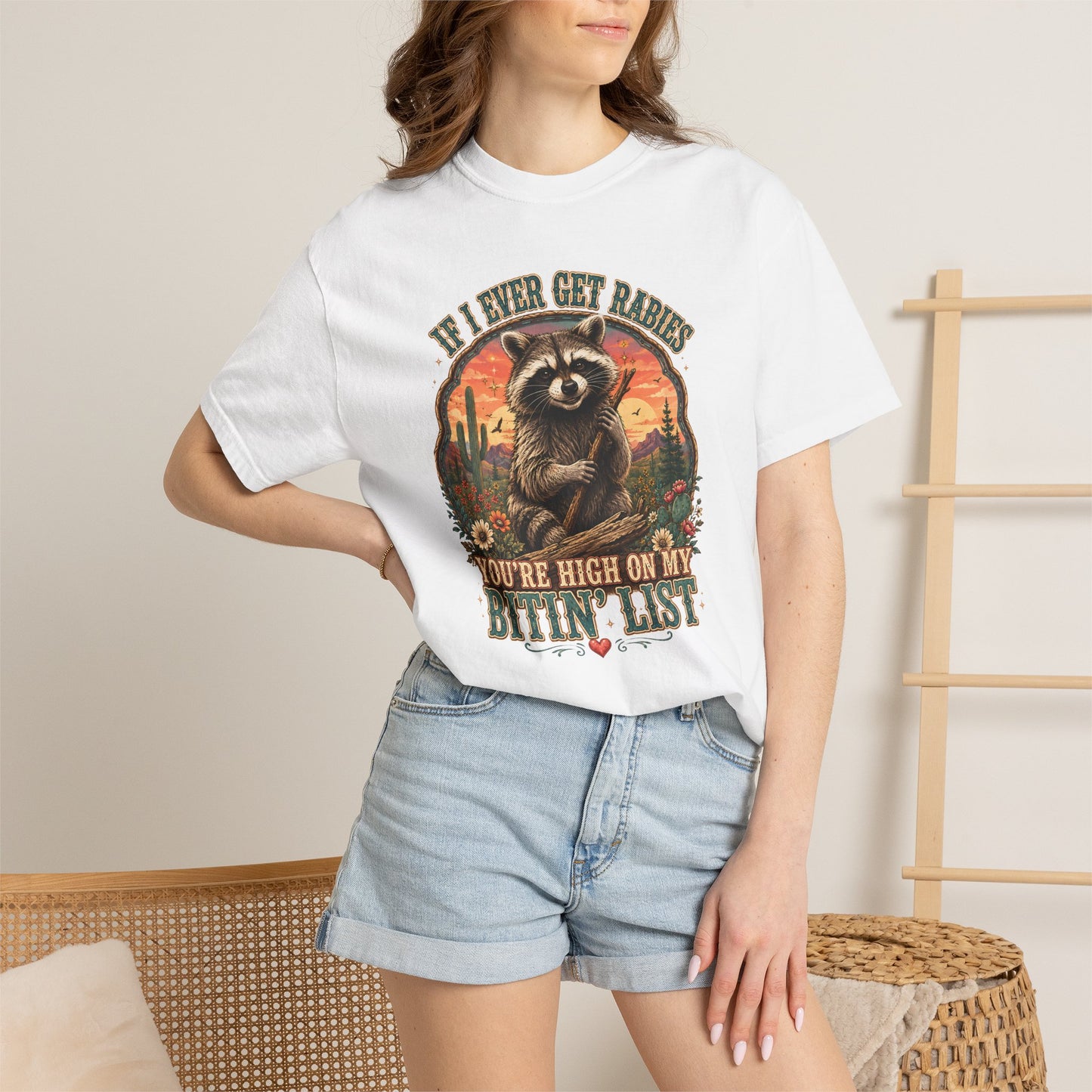 Raccoon Sunset T‑Shirt — “If I Ever Get Riches You’re High On My Bitin’ List” Funny Retro Graphic Tee