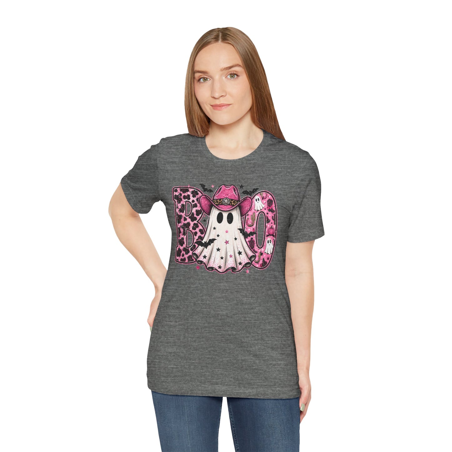 Boo Pink Leopard Ghost Tee — Cute Cowgirl Halloween T-Shirt