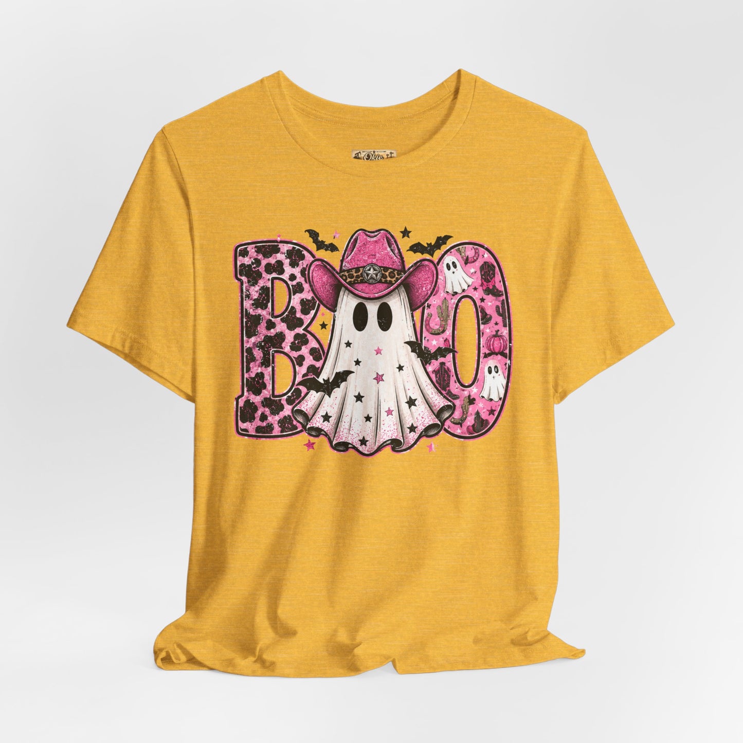 Boo Pink Leopard Ghost Tee — Cute Cowgirl Halloween T-Shirt
