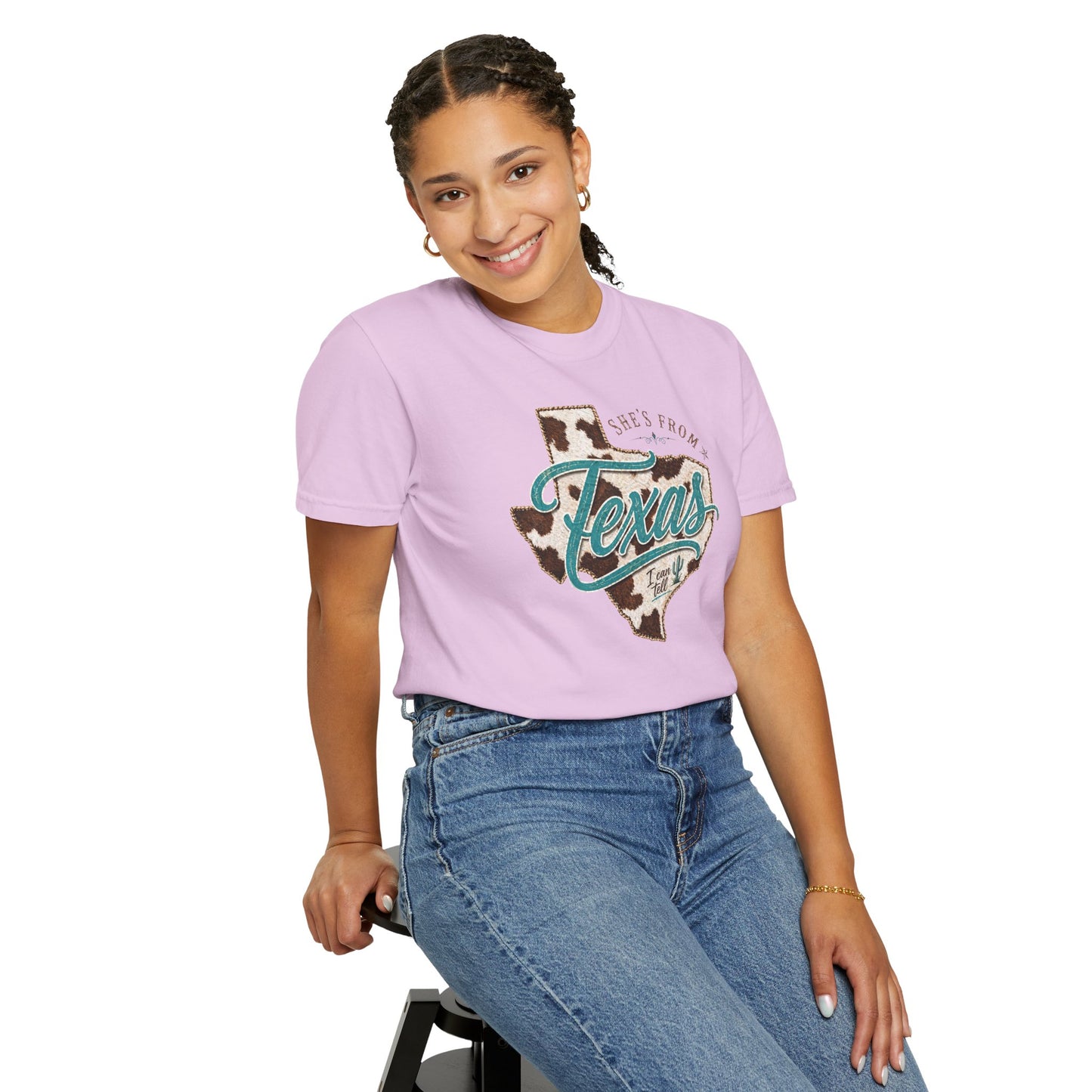 Texas Cowhide Graphic T-Shirt — "She's From Texas" Retro Western Tee