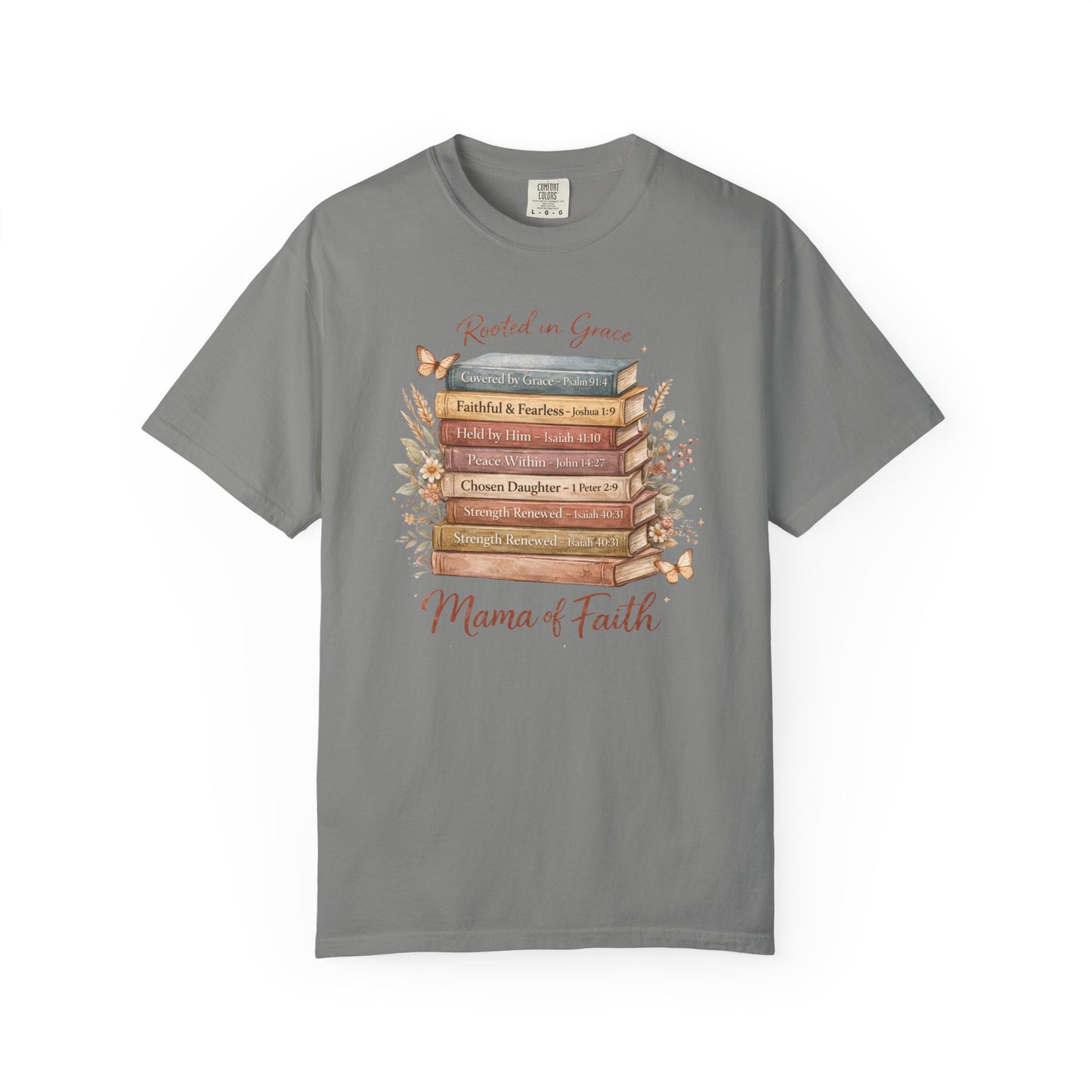 Mama of Faith Book Stack T‑Shirt — Rooted in Grace Christian Mother's Tee