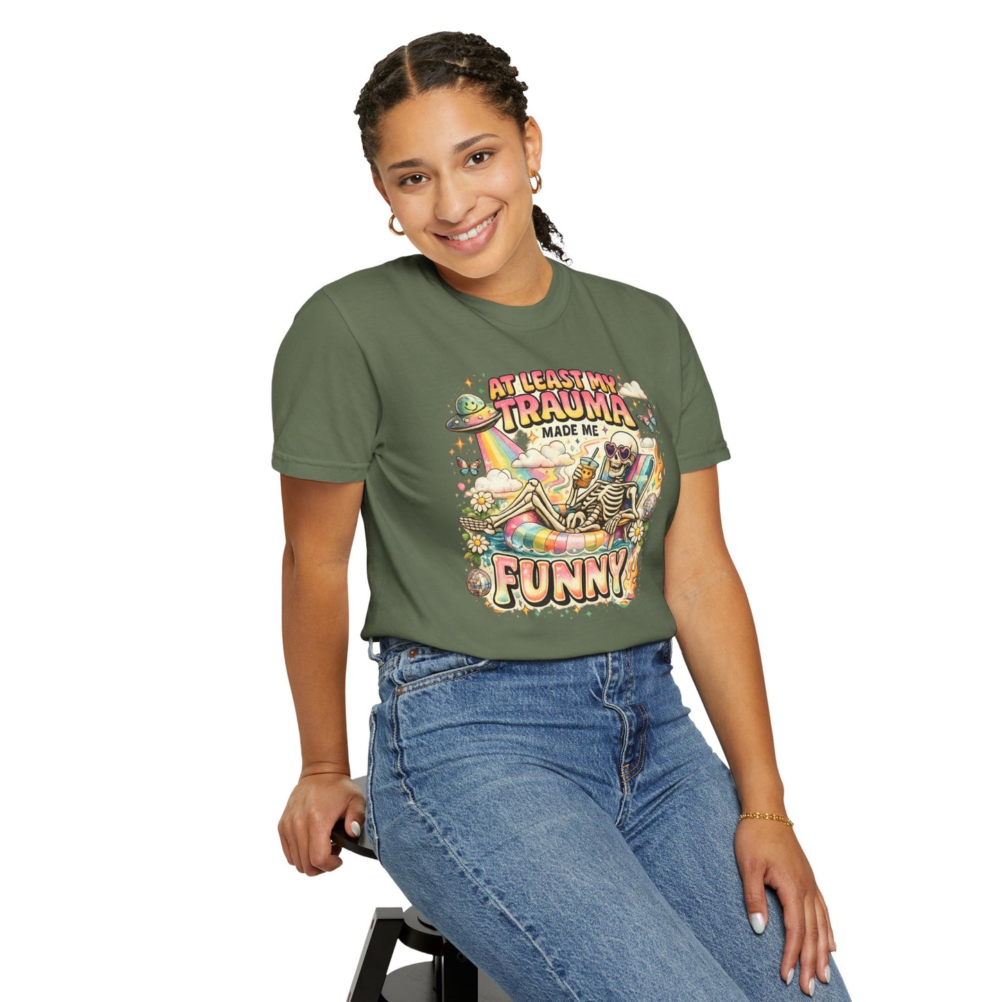 Funny Skeleton Graphic T-Shirt — "At Least My Trauma Made Me Funny"