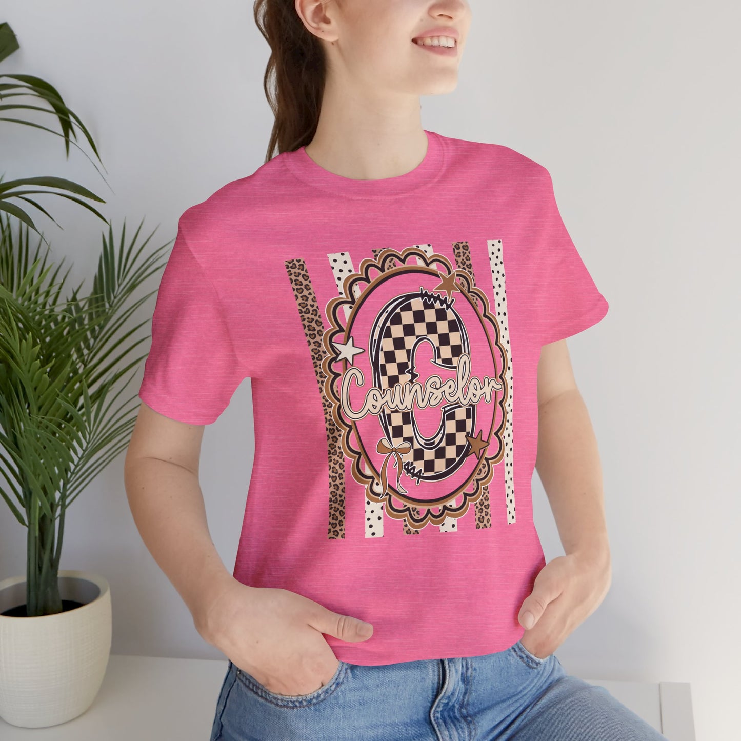 Counselor Tee — Retro Checkerboard & Leopard Print Graphic T-Shirt