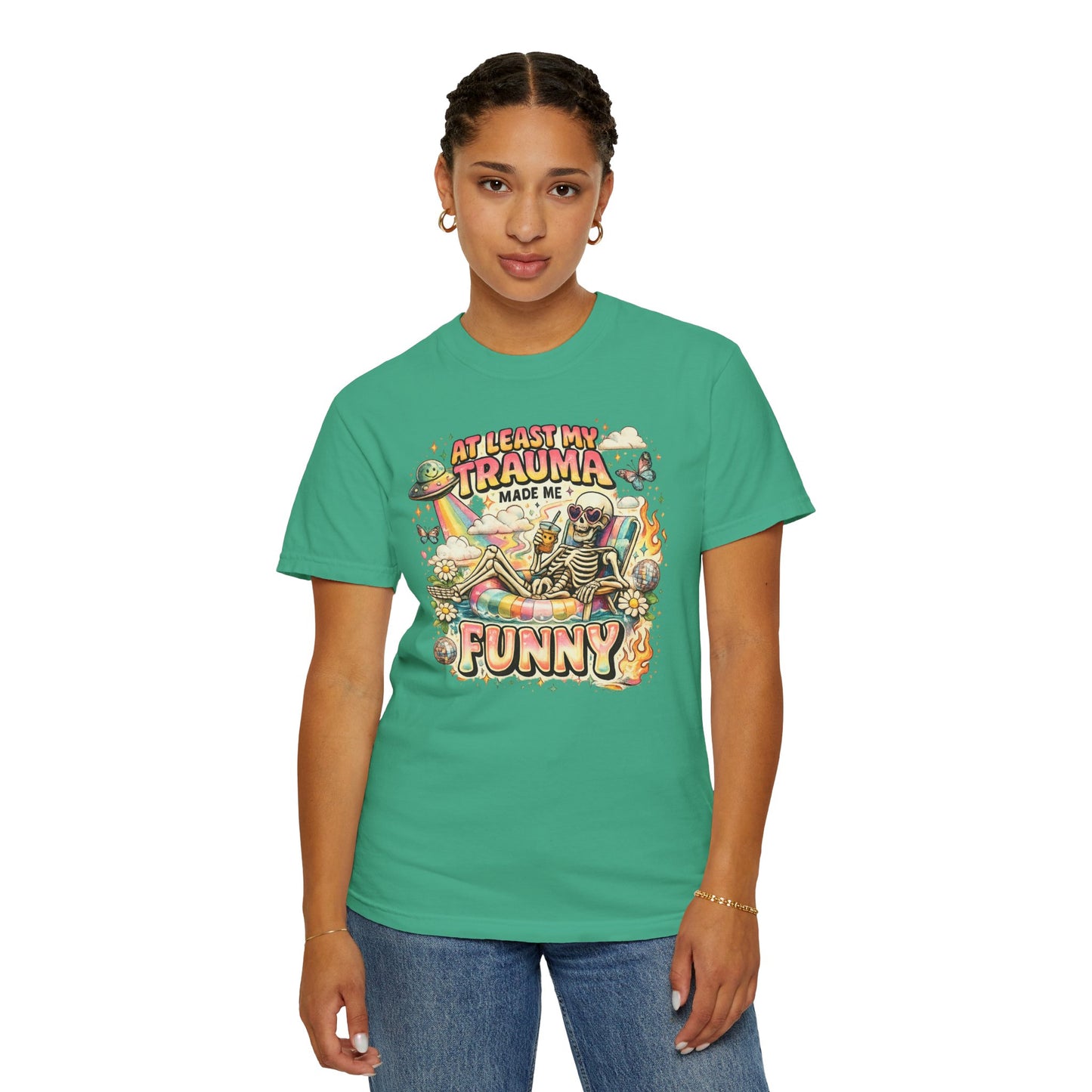 Funny Skeleton Graphic T-Shirt — "At Least My Trauma Made Me Funny"